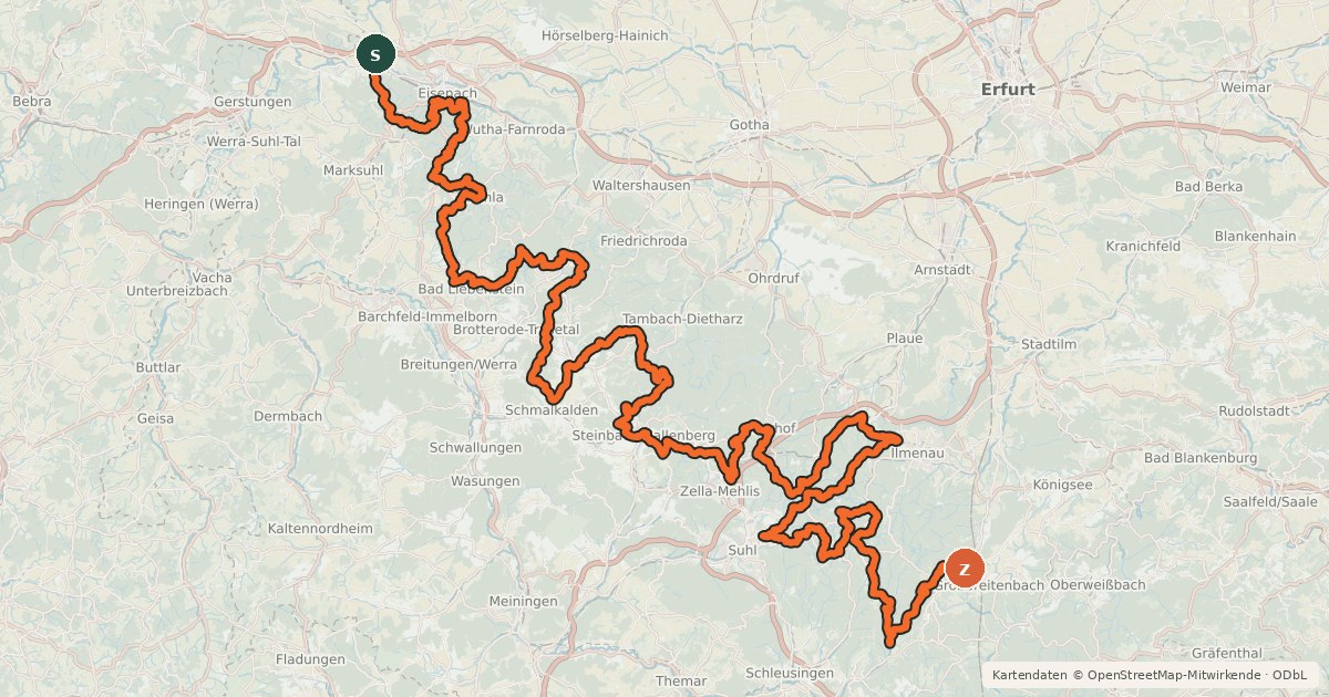 Kartenübersicht der Radroute MTB-Strecke Rennsteig