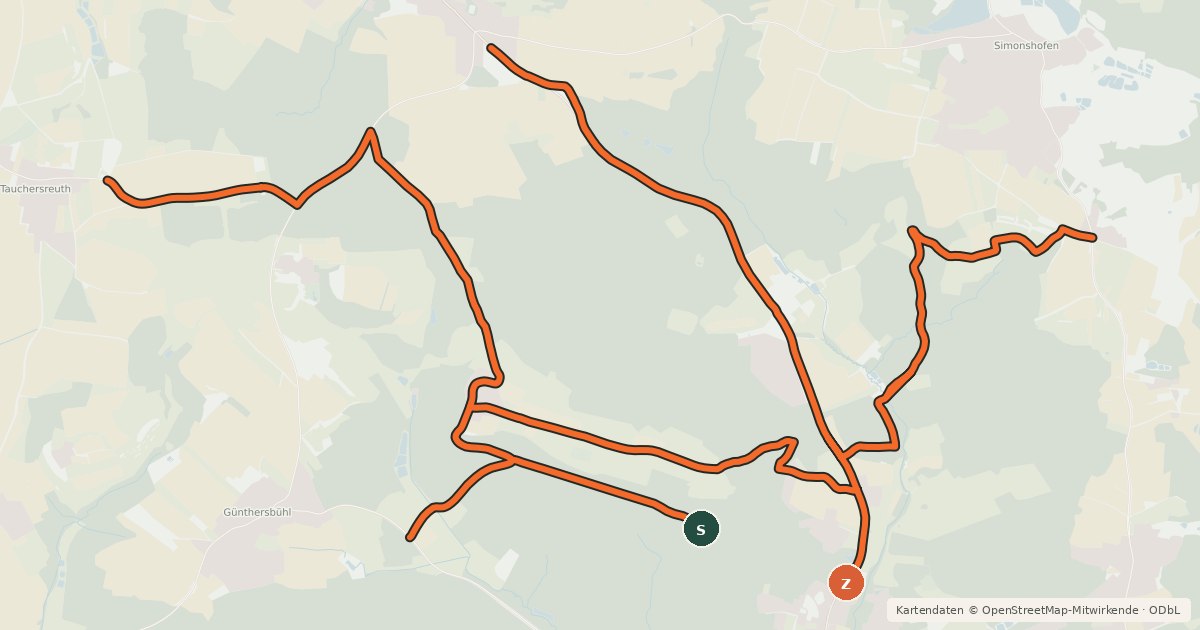 Kartenübersicht der Radroute mtb Verbindung Tauchersreuth Ziegelhütte