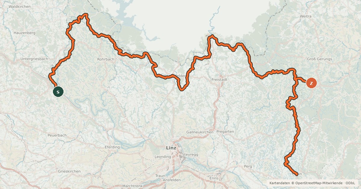 Kartenübersicht der Radroute Mühlviertlerweg