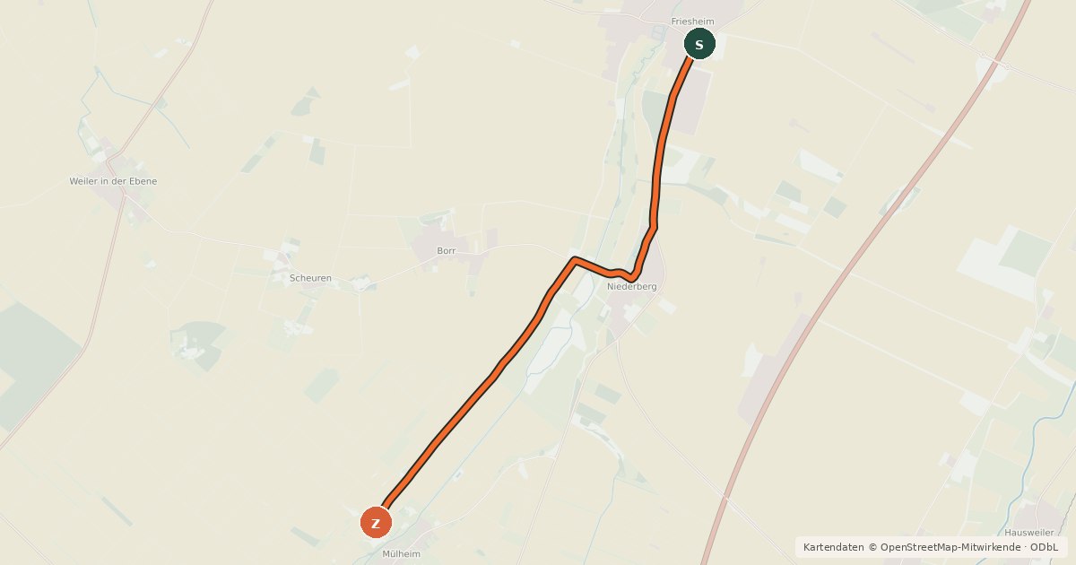 Kartenübersicht der Radroute Mülheim (10) - Friesheim (17)