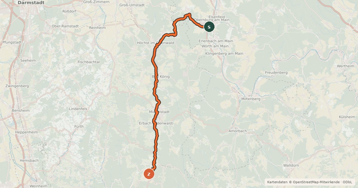 Kartenübersicht der Radroute Mümlingtal-Radweg