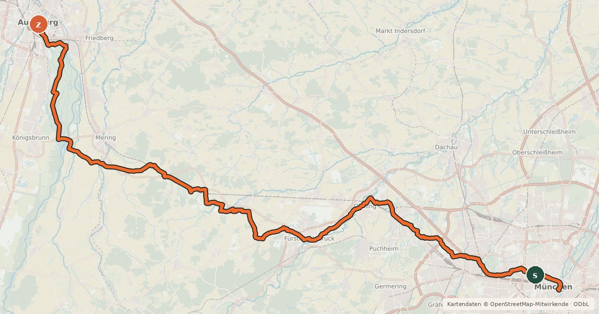 Kartenübersicht der Radroute München Augsburg Radweg