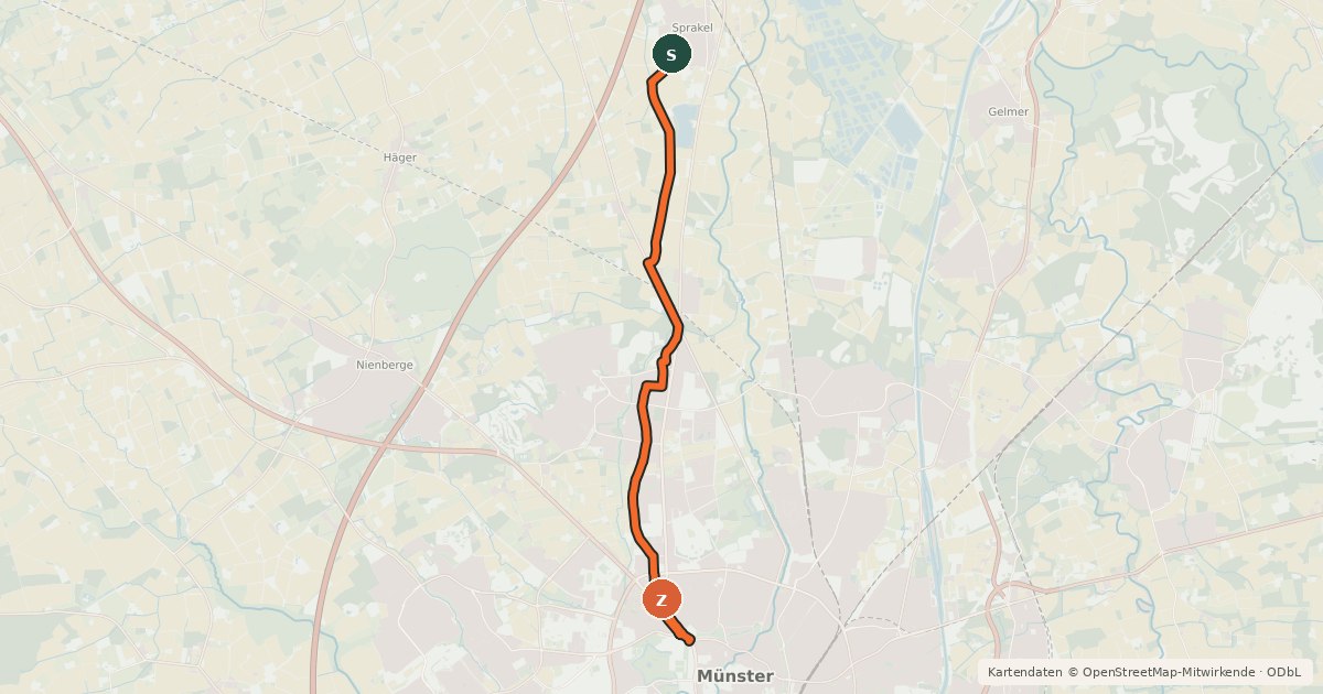 Kartenübersicht der Radroute Münster (28) - Münster (83)