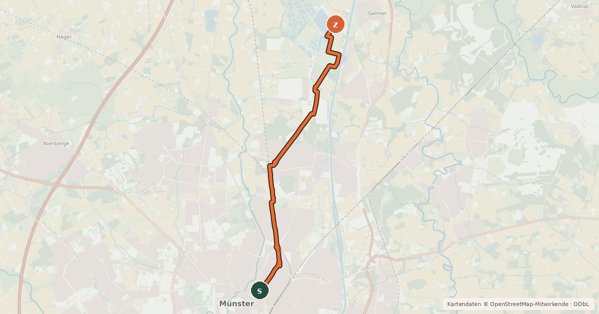 Kartenübersicht der Radroute Münster (45) - Münster (53)