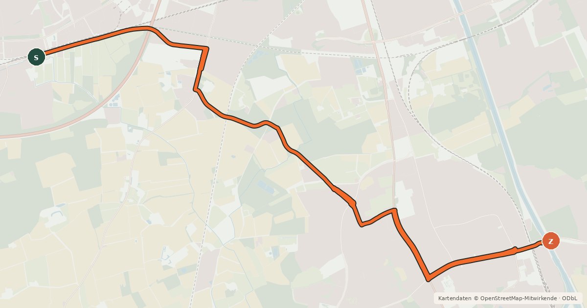 Kartenübersicht der Radroute Münster (64) - Münster (84)