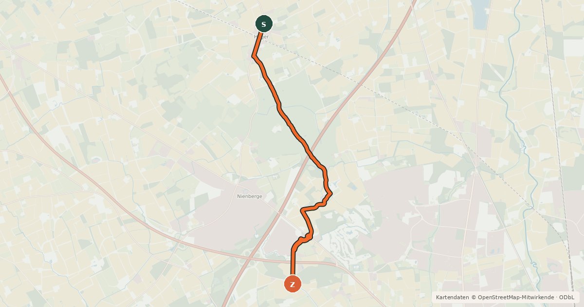 Kartenübersicht der Radroute Münster (67) - Münster (71)