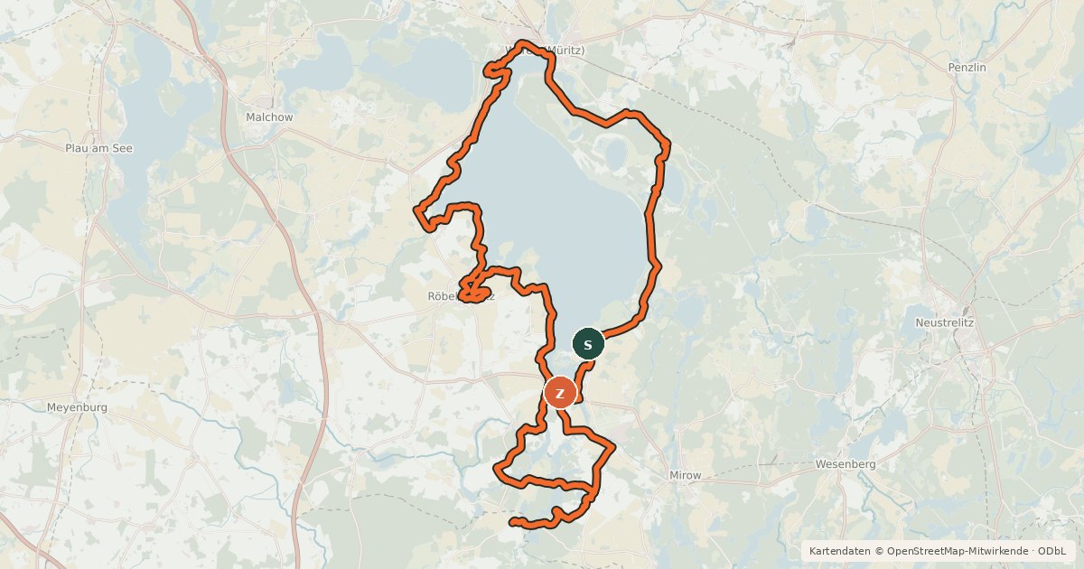 Kartenübersicht der Radroute Müritz Rundweg