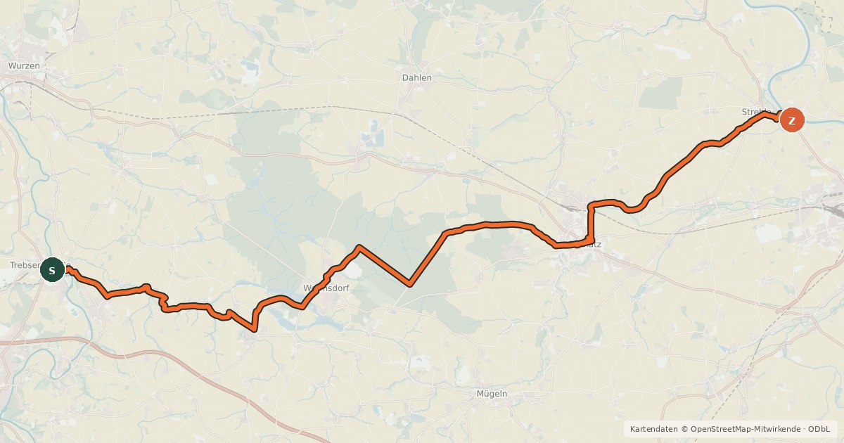 Kartenübersicht der Radroute Mulde–Elbe-Radroute