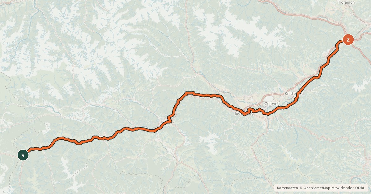 Kartenübersicht der Radroute Murradweg Abs. 2 (Predlitz - Sankt Michael in Obersteiermark)