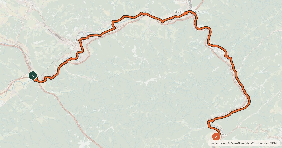 Kartenübersicht der Radroute Murradweg Abs. 3 (Sankt Michael in Obersteiermark - Frohnleiten)