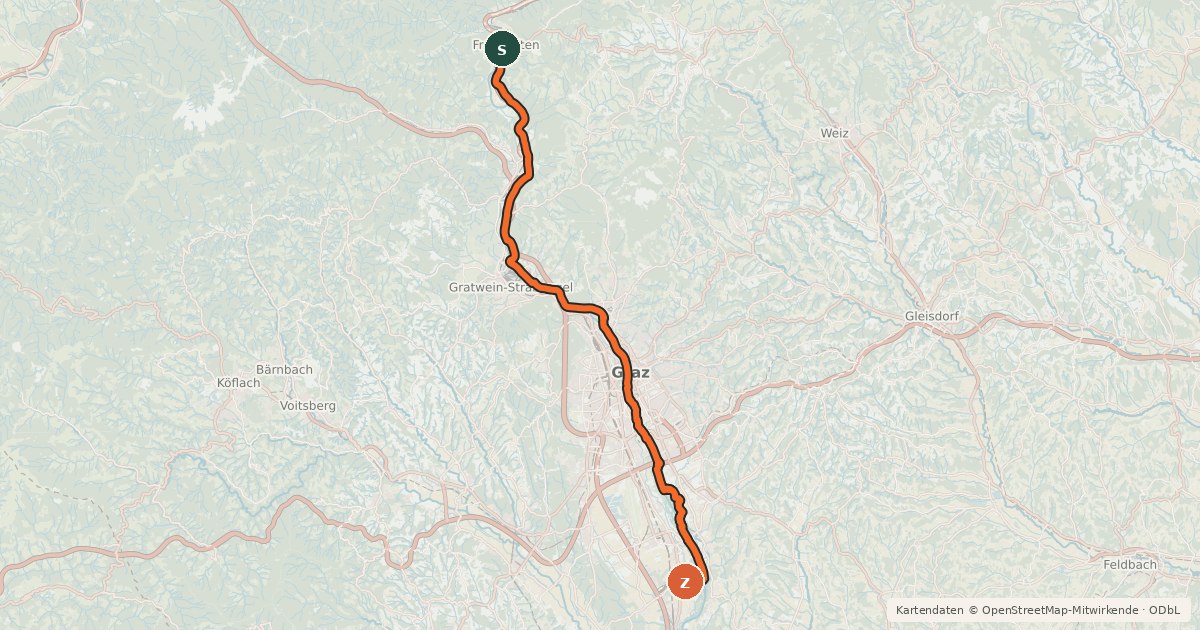 Kartenübersicht der Radroute Murradweg Abs. 4 Ostufer (Frohnleiten - Großsulz)