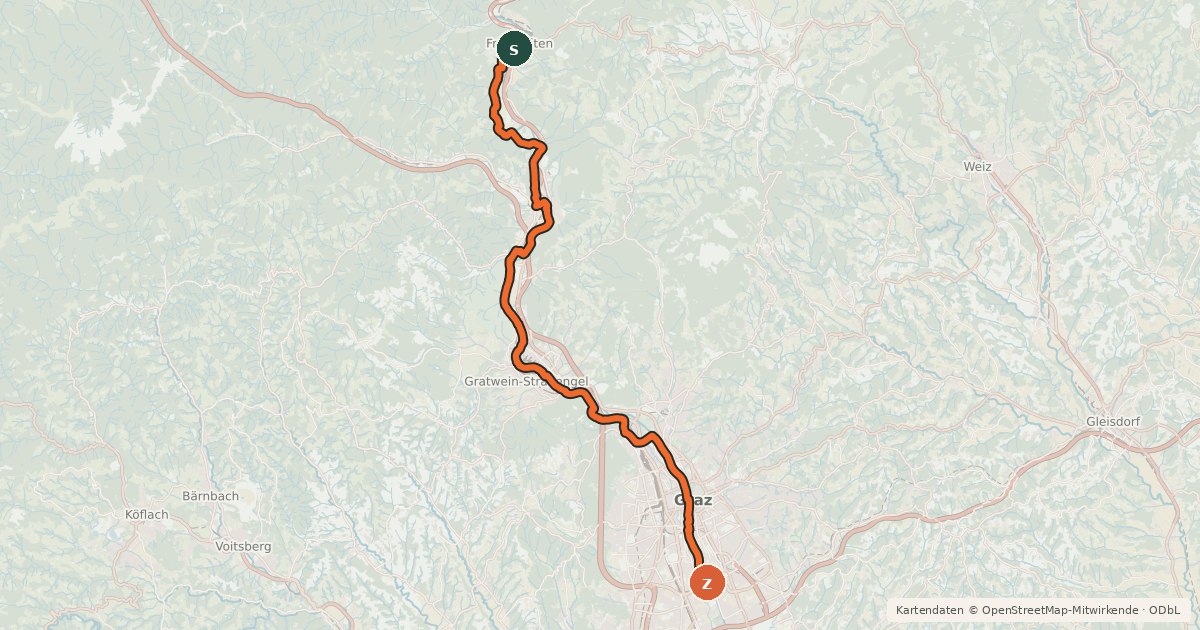 Kartenübersicht der Radroute Murradweg Abs. 4a Westufer (Frohnleiten - Graz)