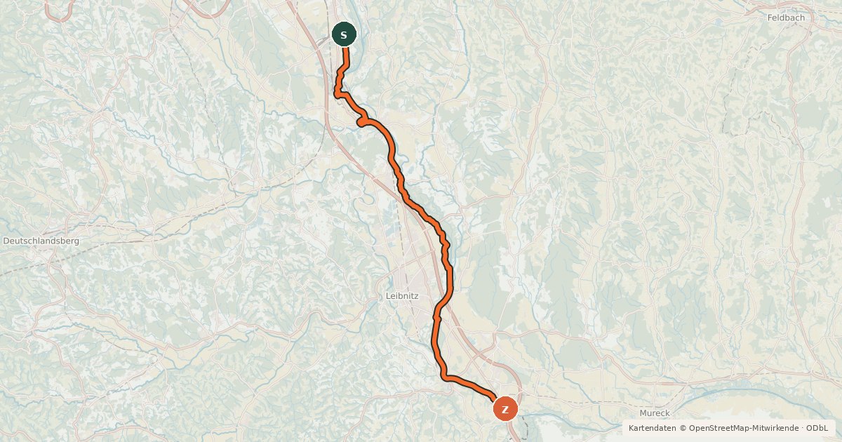 Kartenübersicht der Radroute Murradweg Abs. 5 (Großsulz – Spielfeld)
