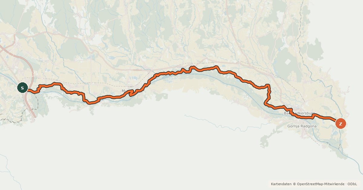 Kartenübersicht der Radroute Murradweg Abs. 6 (Spielfeld – Bad Radkersburg)