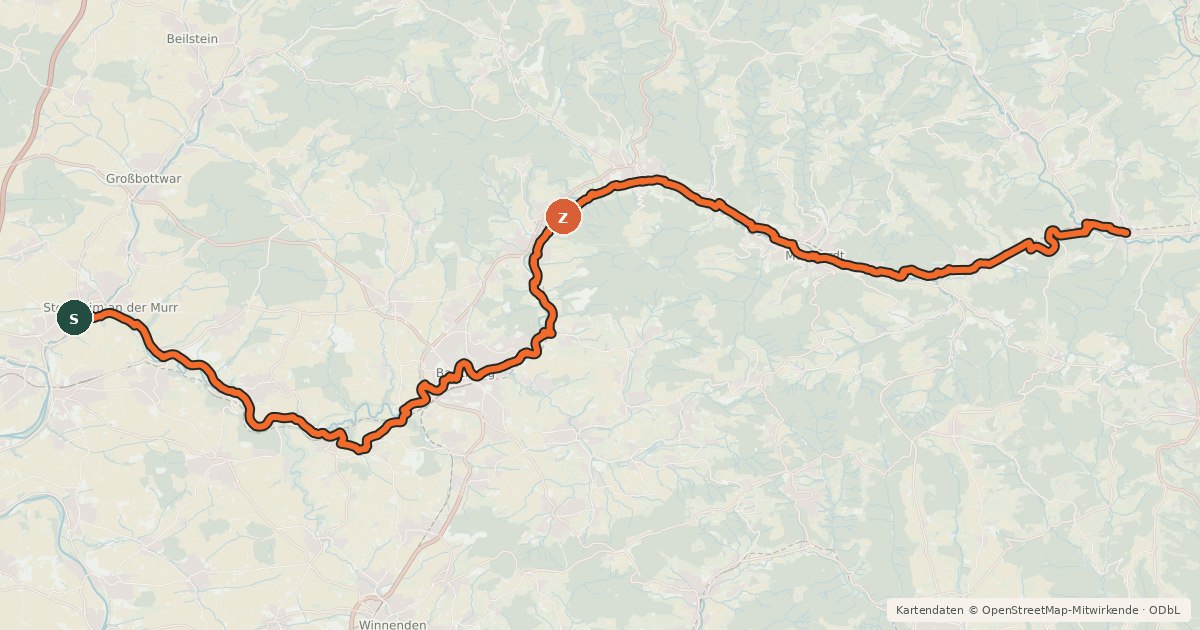 Kartenübersicht der Radroute Murrtal-Radweg