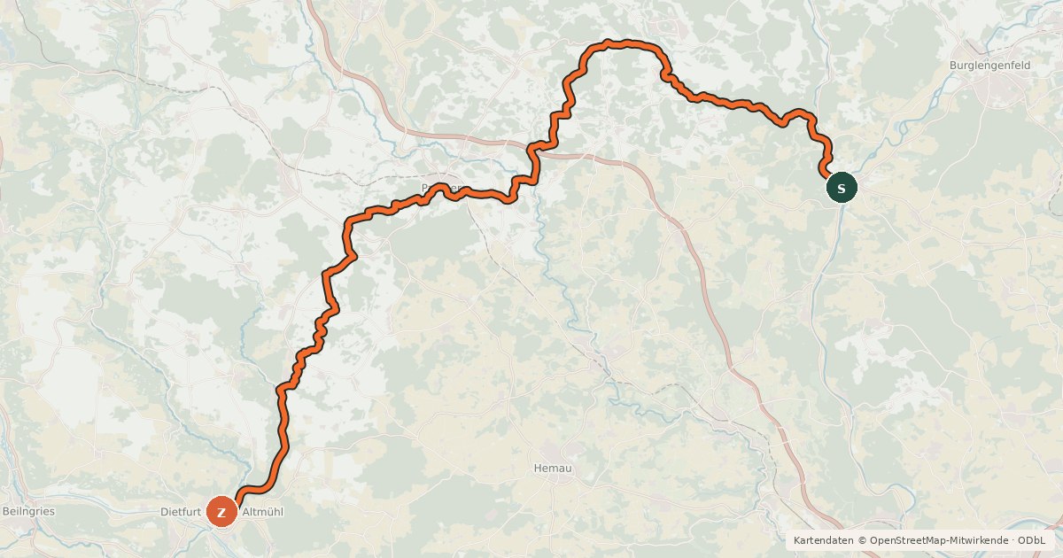 Kartenübersicht der Radroute Naab-Altmühl-Radweg