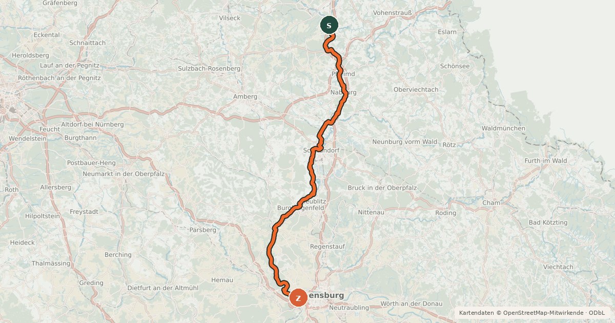 Kartenübersicht der Radroute Naabtal-Radweg
