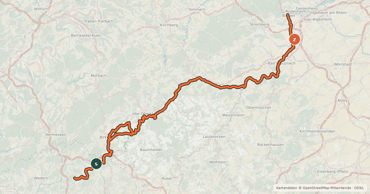 Kartenübersicht der Radroute Naheradweg