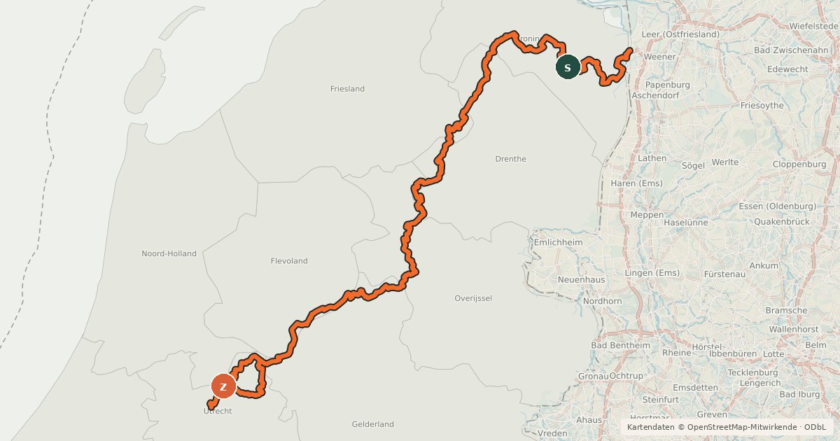 Kartenübersicht der Radroute NAP-route - 02 - Zuidbroek - Peize