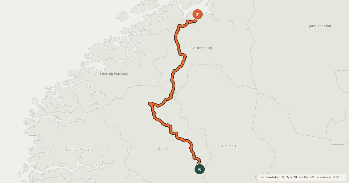Kartenübersicht der Radroute Nasjonal sykkelrute 7 Lillehammer-Trondheim