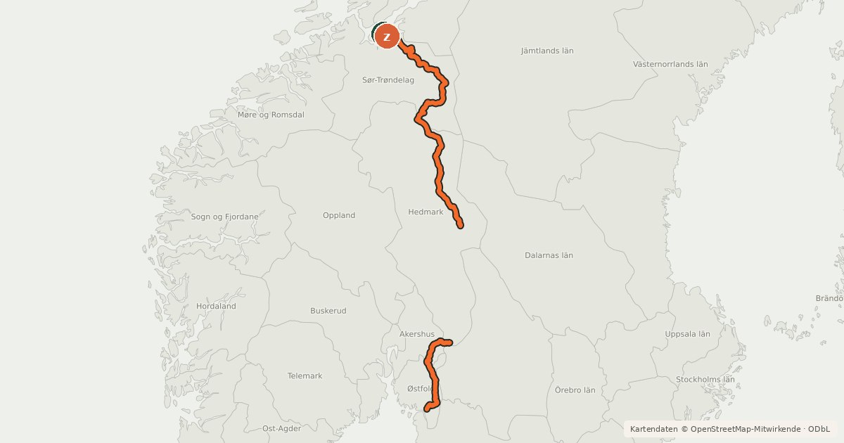 Kartenübersicht der Radroute Nasjonal sykkelrute 9 (foreslått)
