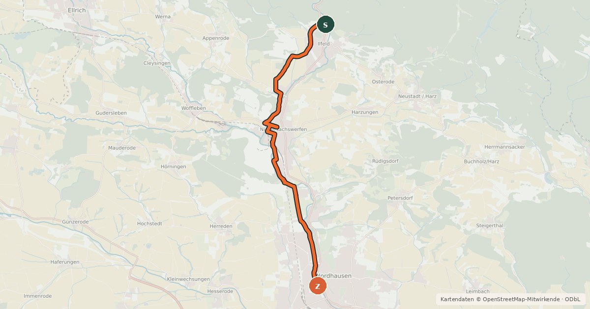 Kartenübersicht der Radroute NDH 6 (Ilfeld - Nordhausen)