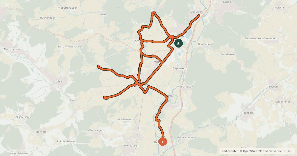 Kartenübersicht der Radroute Nebenstrecke MR/BI (Gemeinde Weimar (Lahn))