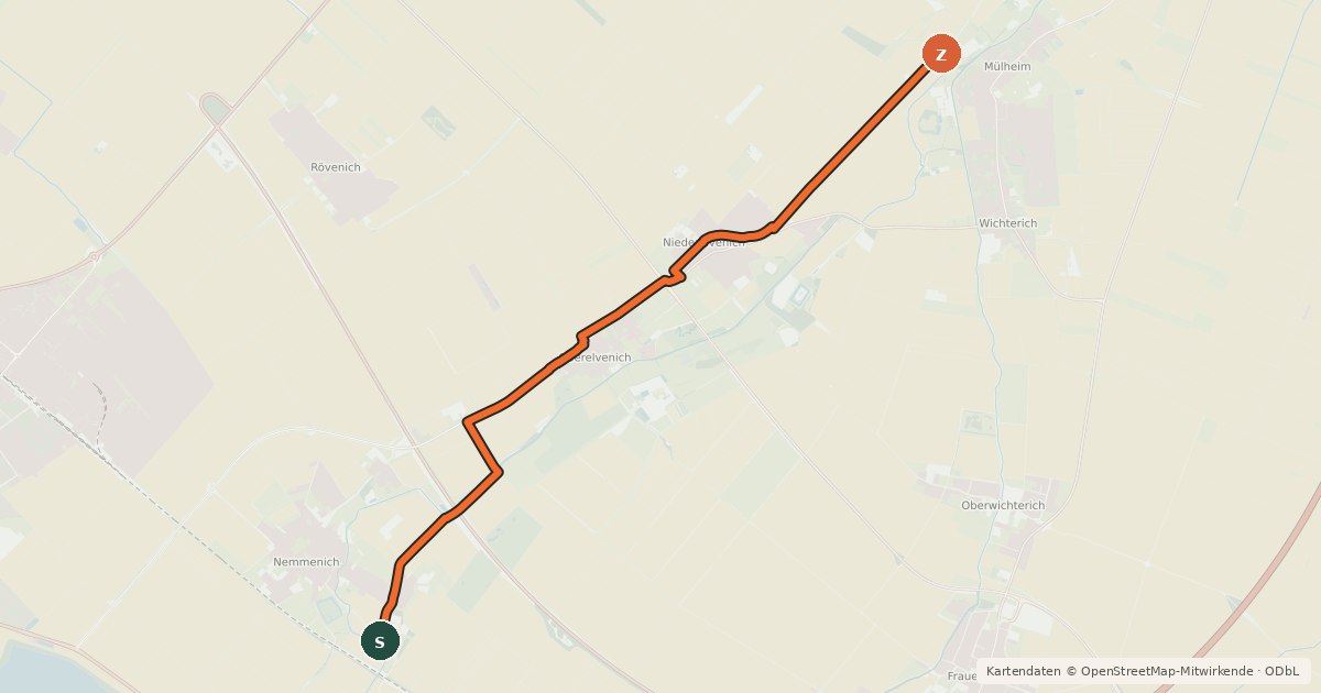 Kartenübersicht der Radroute Nemmenich (11) - Mülheim (47)
