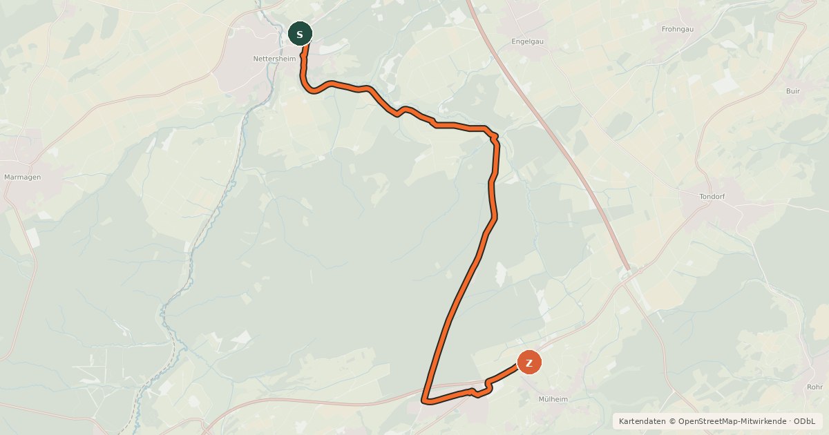 Kartenübersicht der Radroute Nettersheim (23) - Mülheim (76)