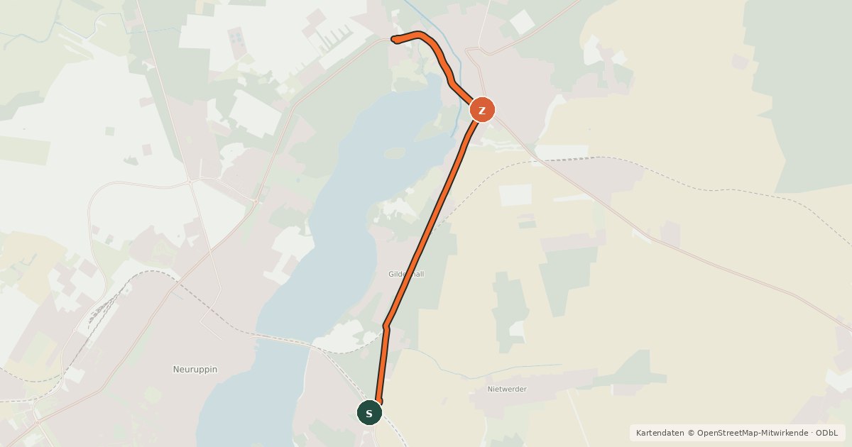 Kartenübersicht der Radroute Neuruppin (02) - Neuruppin (03)