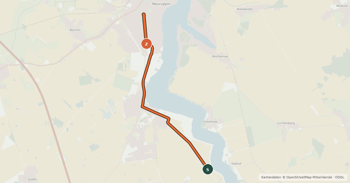 Kartenübersicht der Radroute Neuruppin (04) - Neuruppin (06)