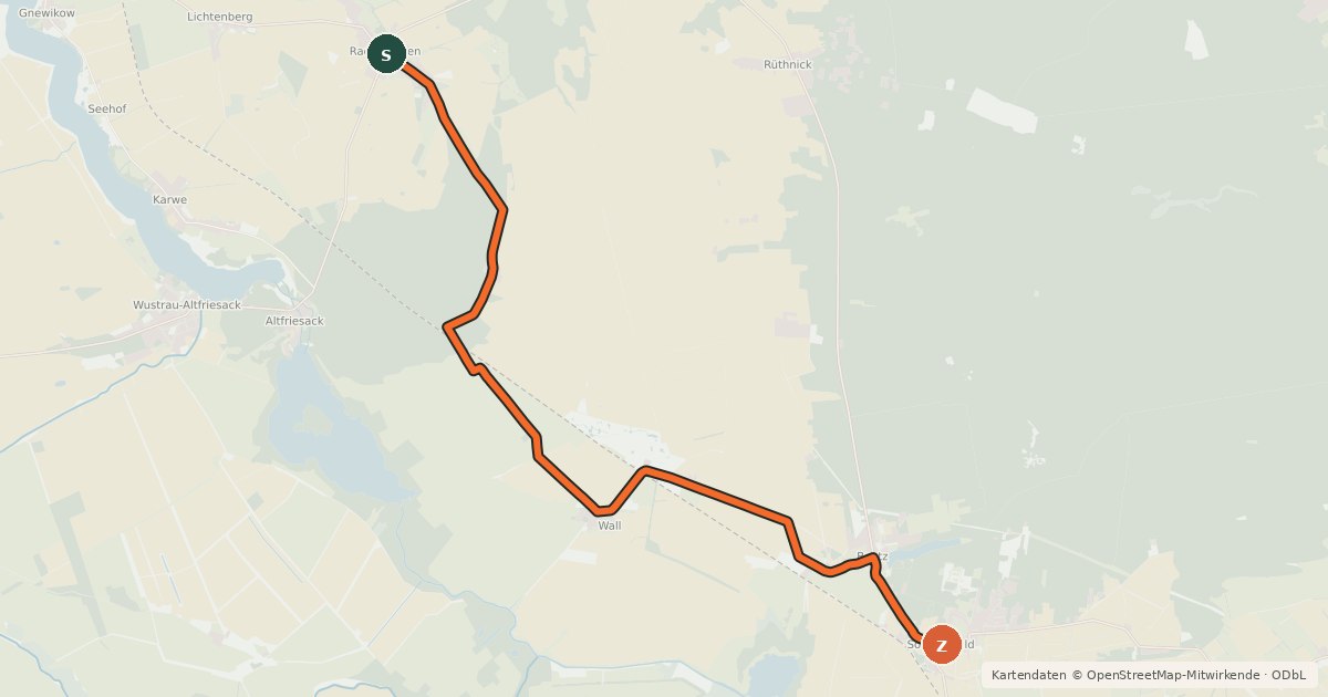 Kartenübersicht der Radroute Neuruppin (07) - Kremmen (39)