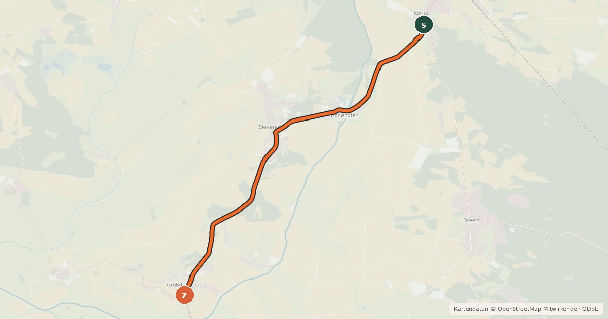 Kartenübersicht der Radroute Neustadt (64) - Rhinow (73)