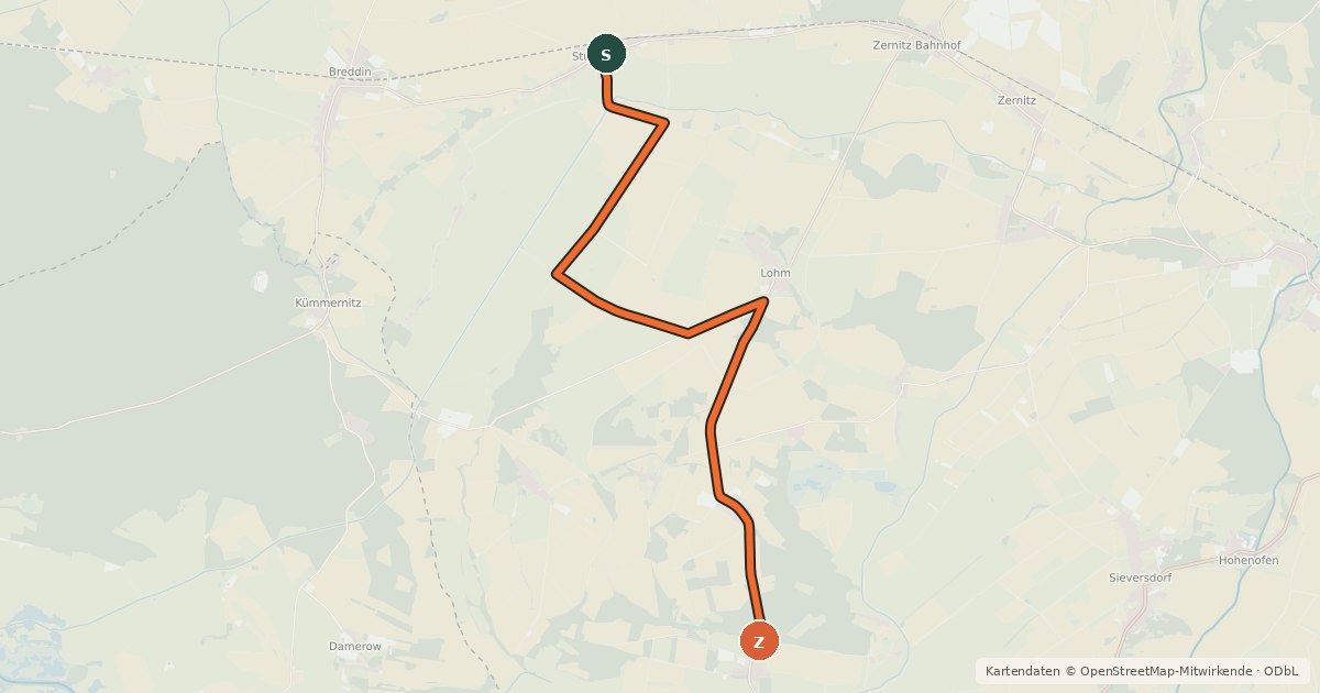 Kartenübersicht der Radroute Neustadt/Dosse (77) - Stüdenitz-Schönermark (79)