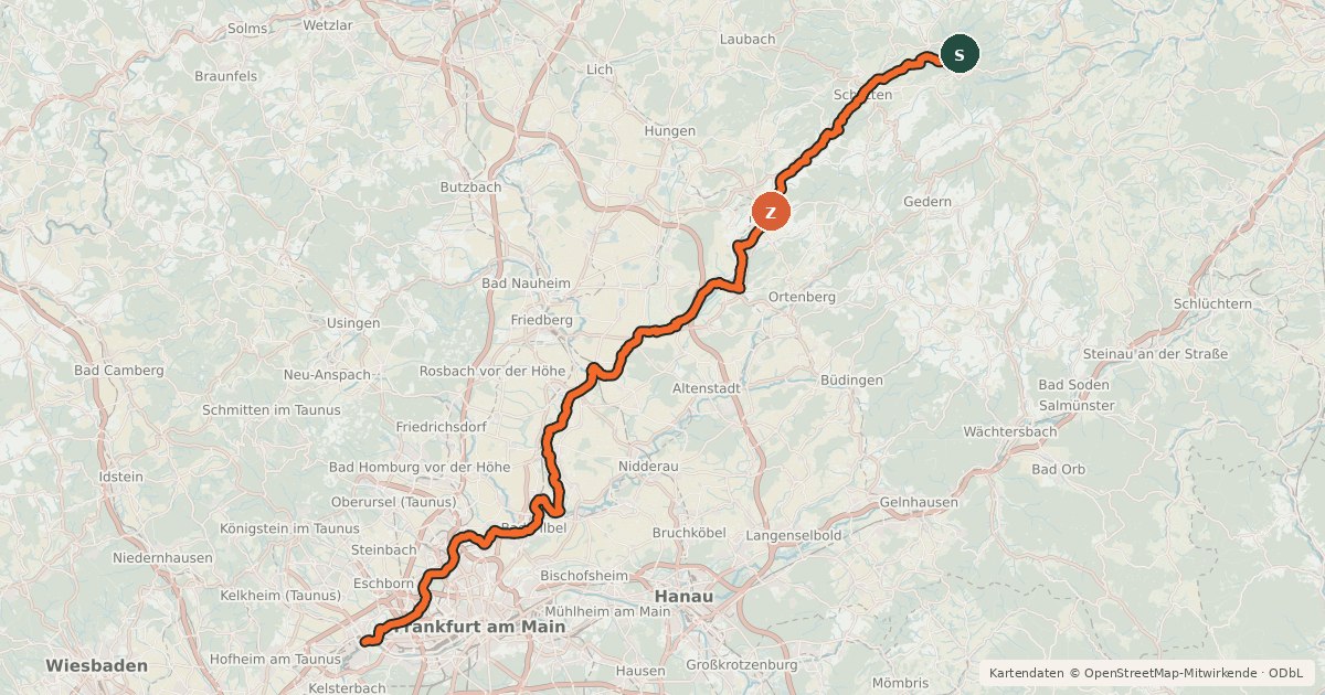 Kartenübersicht der Radroute Niddaradweg