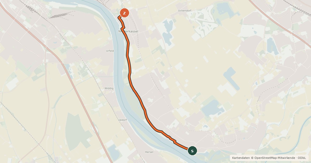 Kartenübersicht der Radroute Niederkassel (15) - Niederkassel (19)
