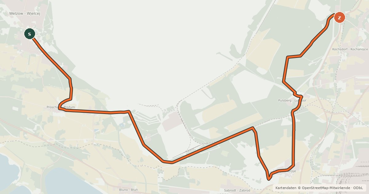 Kartenübersicht der Radroute Niederlausitzer Bergbautour (Alternativroute Spremberg - Welzow)
