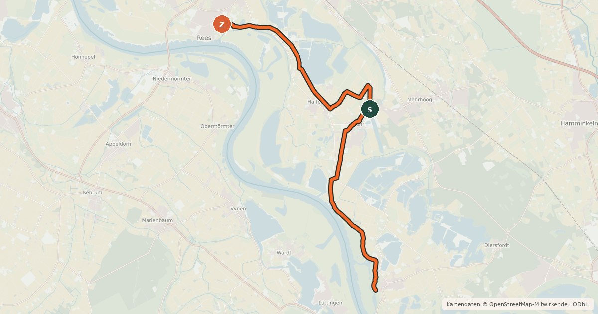 Kartenübersicht der Radroute NiederRheinroute-V008