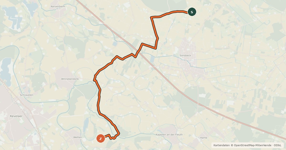 Kartenübersicht der Radroute NiederRheinroute-V019
