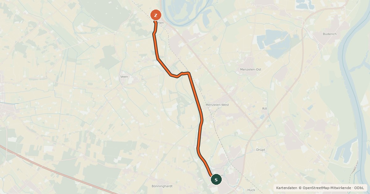 Kartenübersicht der Radroute NiederRheinroute-V025