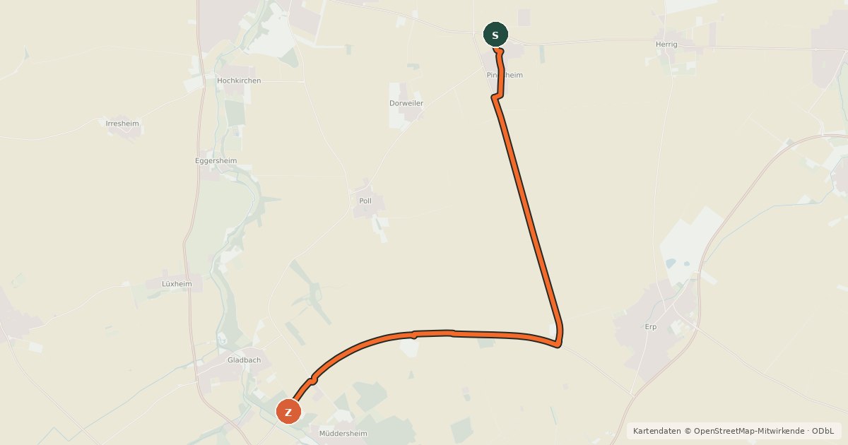 Kartenübersicht der Radroute Nörvenich (52) - Vettweiß (54)
