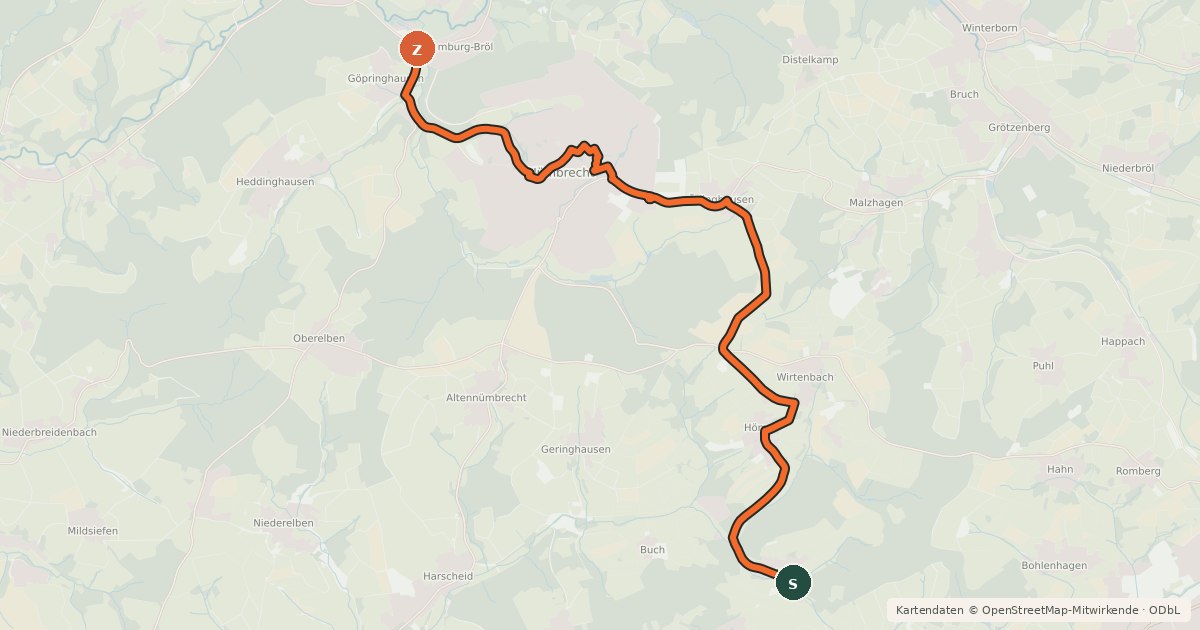 Kartenübersicht der Radroute Nümbrecht (13) - Nümbrecht (14)