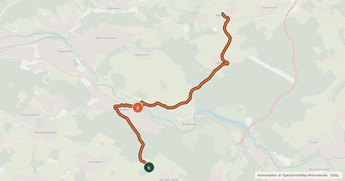 Kartenübersicht der Radroute Nümbrecht (21) - Reichshof (25)