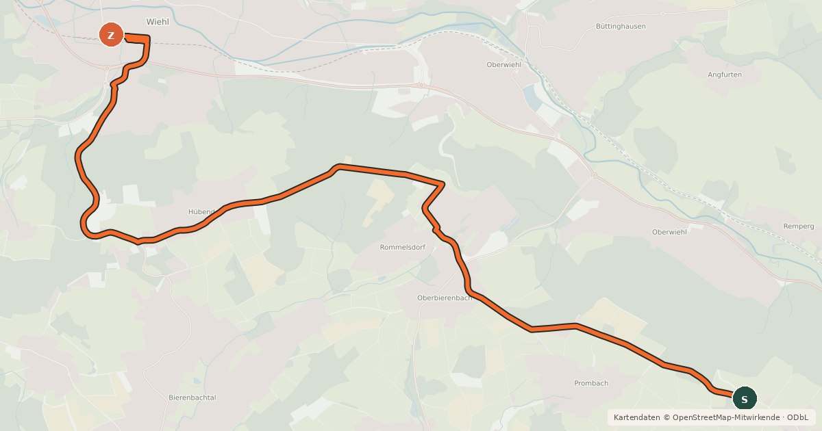 Kartenübersicht der Radroute Nümbrecht (21) - Wiehl (22)