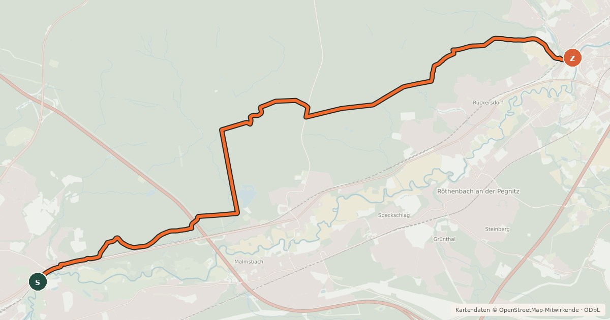Kartenübersicht der Radroute Nürnberg-Lauf Nordrute Reichswald