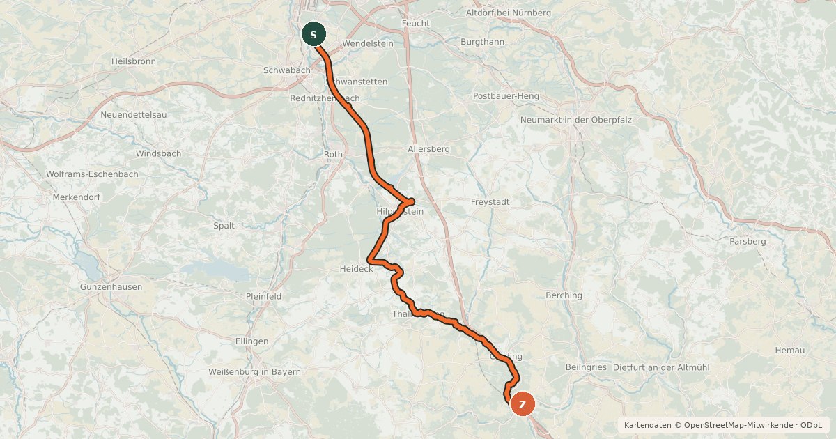 Kartenübersicht der Radroute Nürnberg-Rothsee-Altmühltal