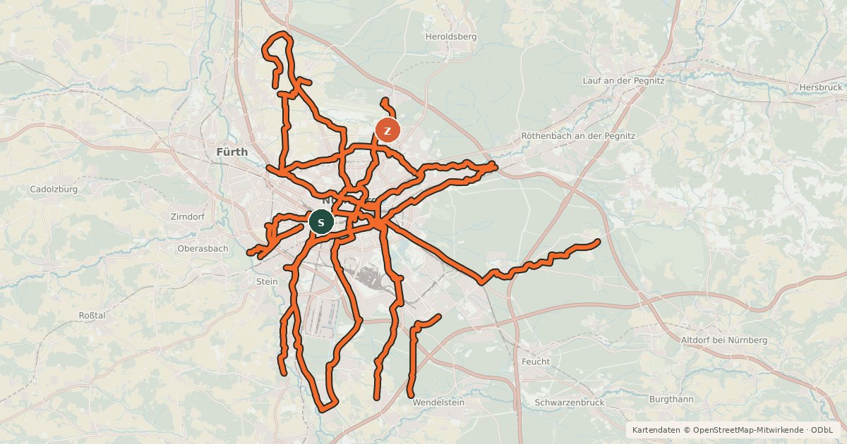 Kartenübersicht der Radroute Nürnberg Stadtnetz
