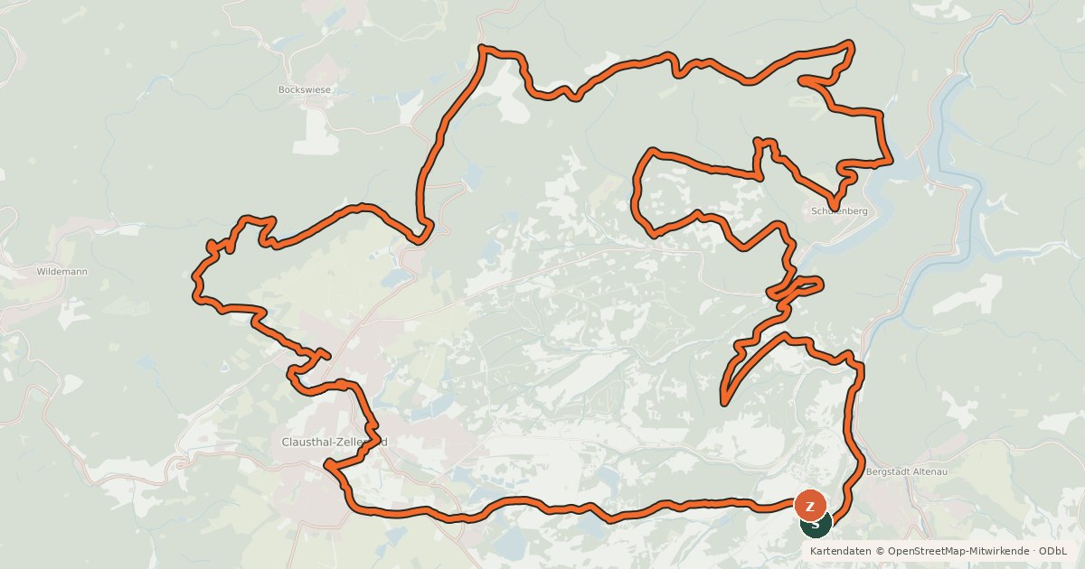 Kartenübersicht der Radroute O10 (Große Oberharz-Rundtour)