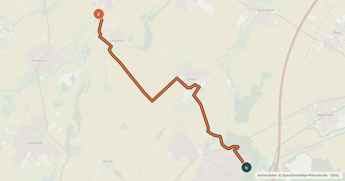 Kartenübersicht der Radroute Obergartzem (03) - Lövenich (53)