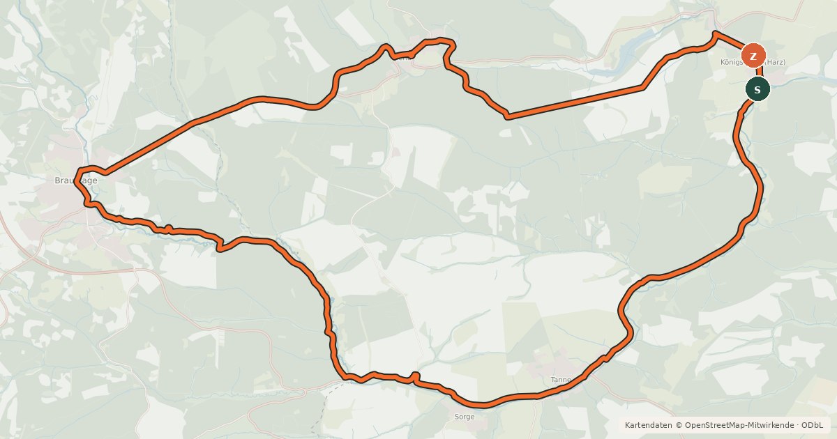 Kartenübersicht der Radroute Oberharzer Radrundweg